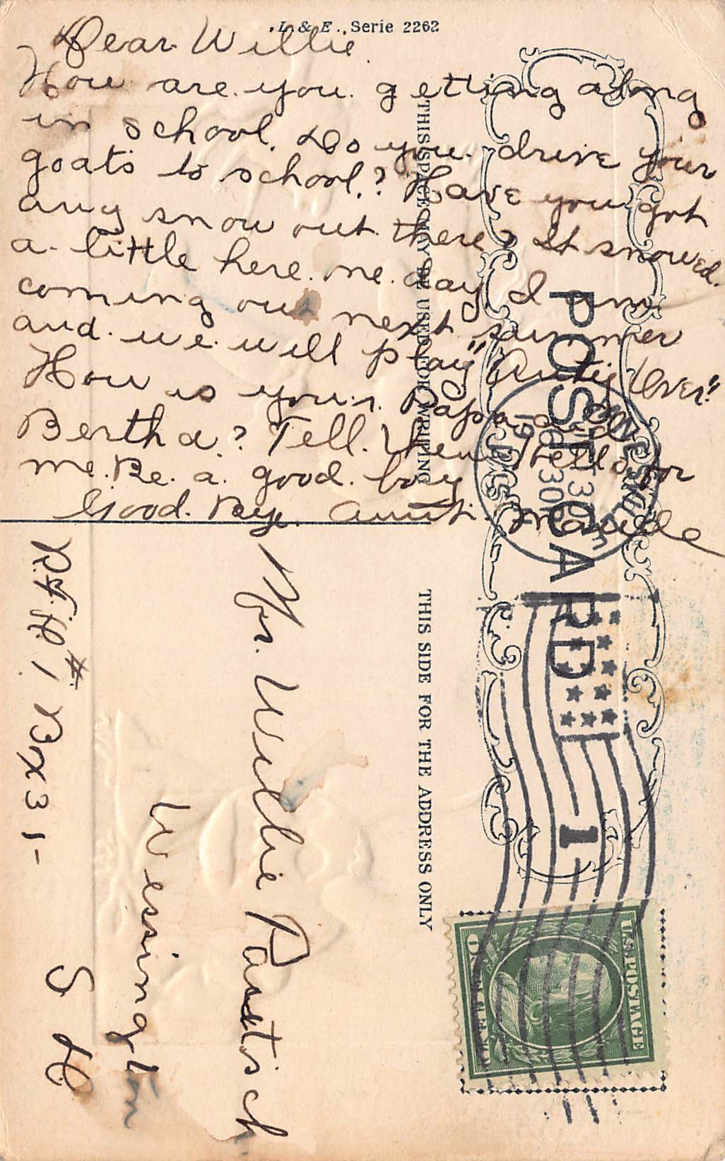 L&E Serie 2262, Divided Back, Halloween Spooks, 1908 Postmark - Back