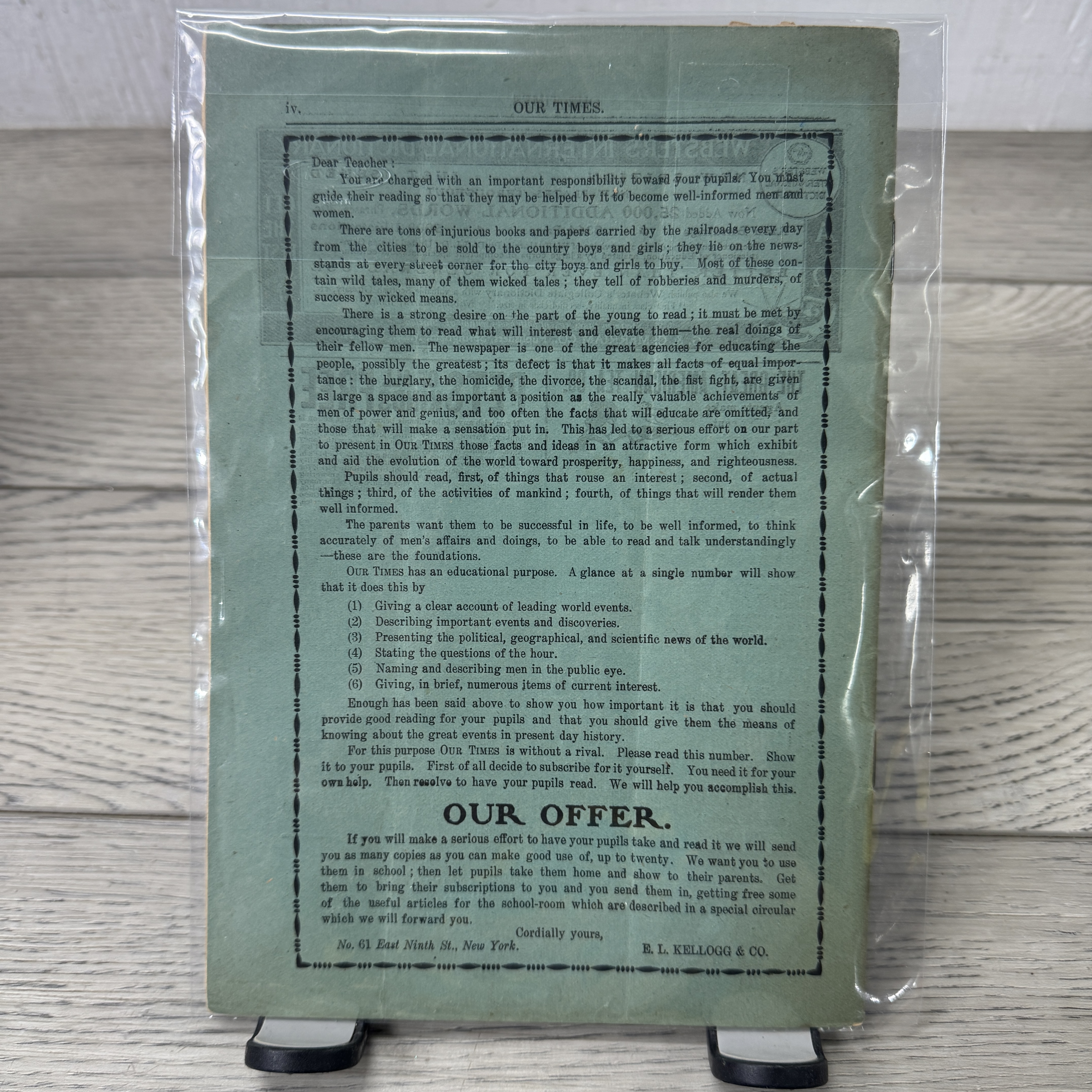 Our Times Magazine, October 1900, E.L. Kellogg & Co., Educational Publication - Back