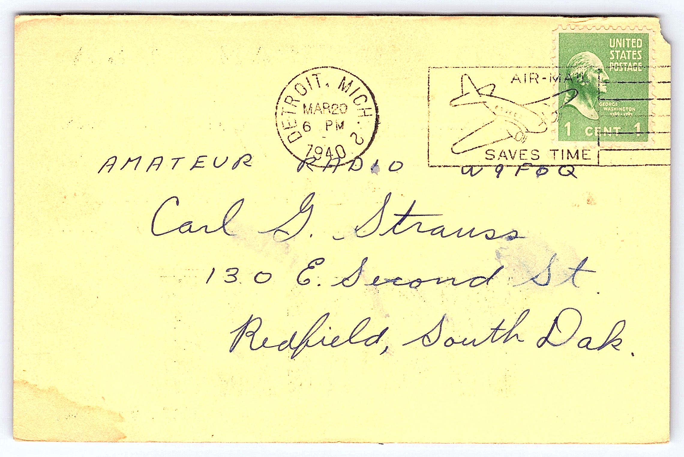 E.C. Scott QSL Card, Detroit, MI to Redfield, SD, 1940 - Back