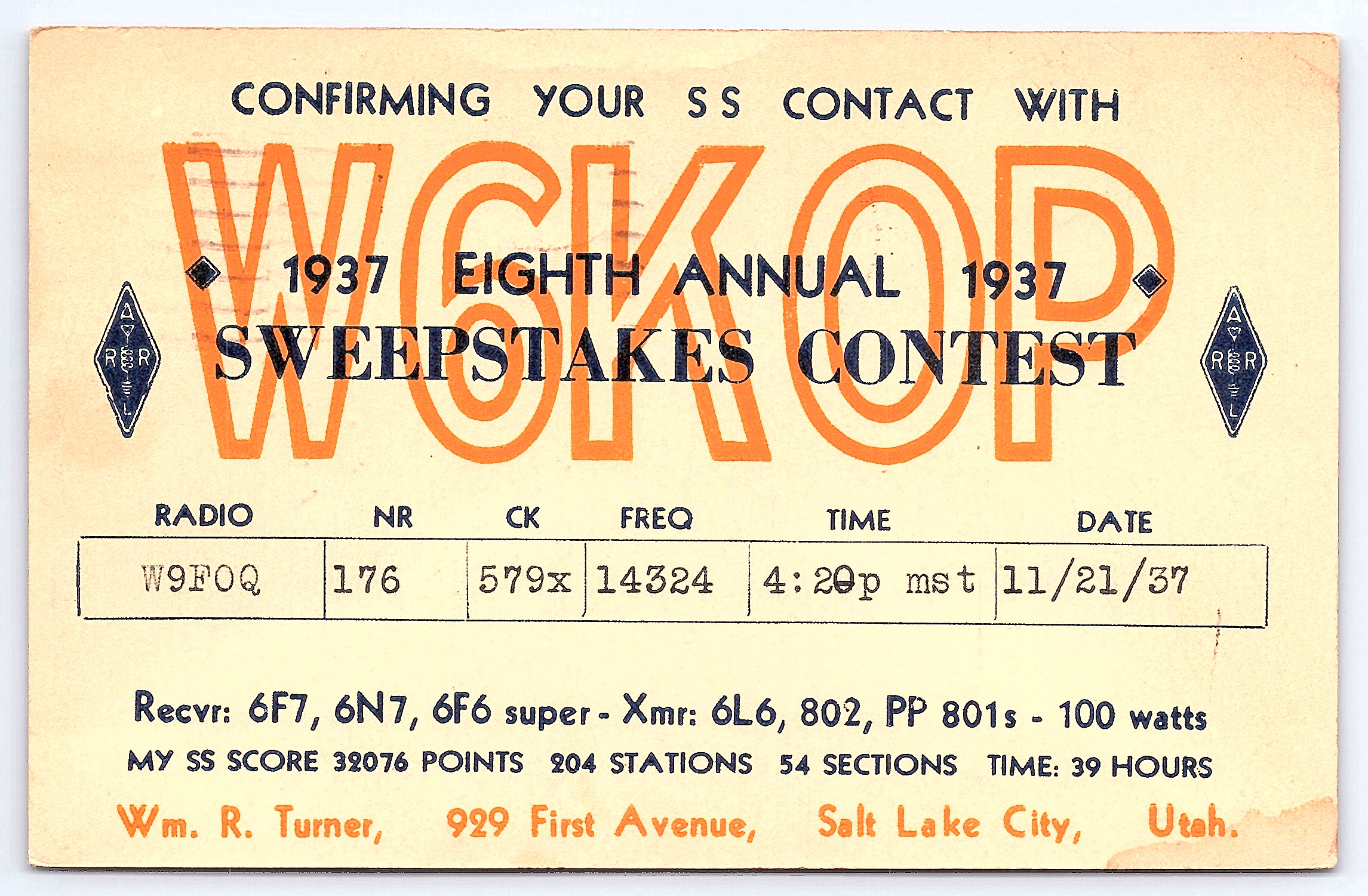 W6KOP Sweepstakes Contest QSL Card, Salt Lake City, 1938 Postmark - Front