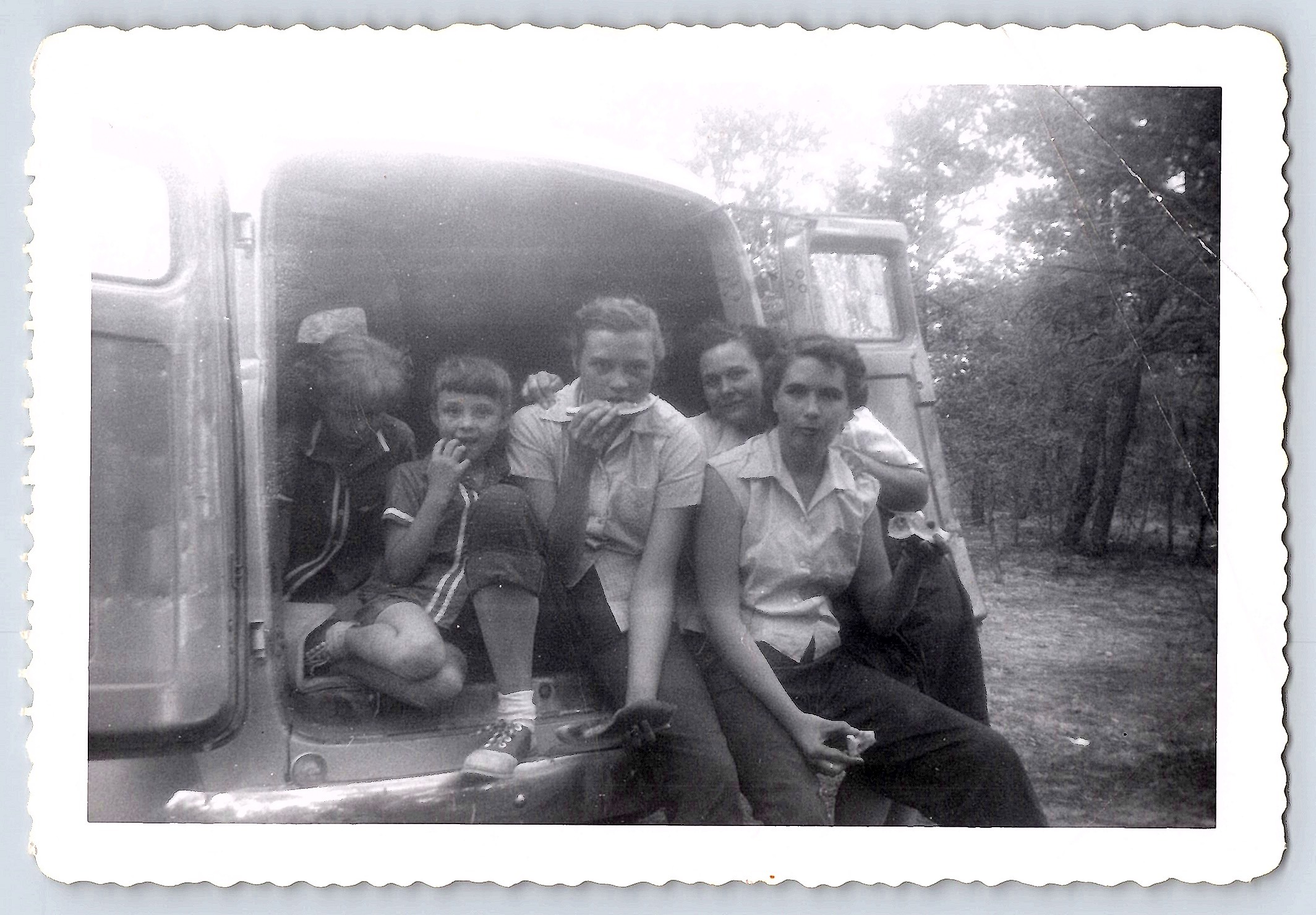 1950s Family Outing in Vehicle, Black and White, 3.5 × 5 inches - Front