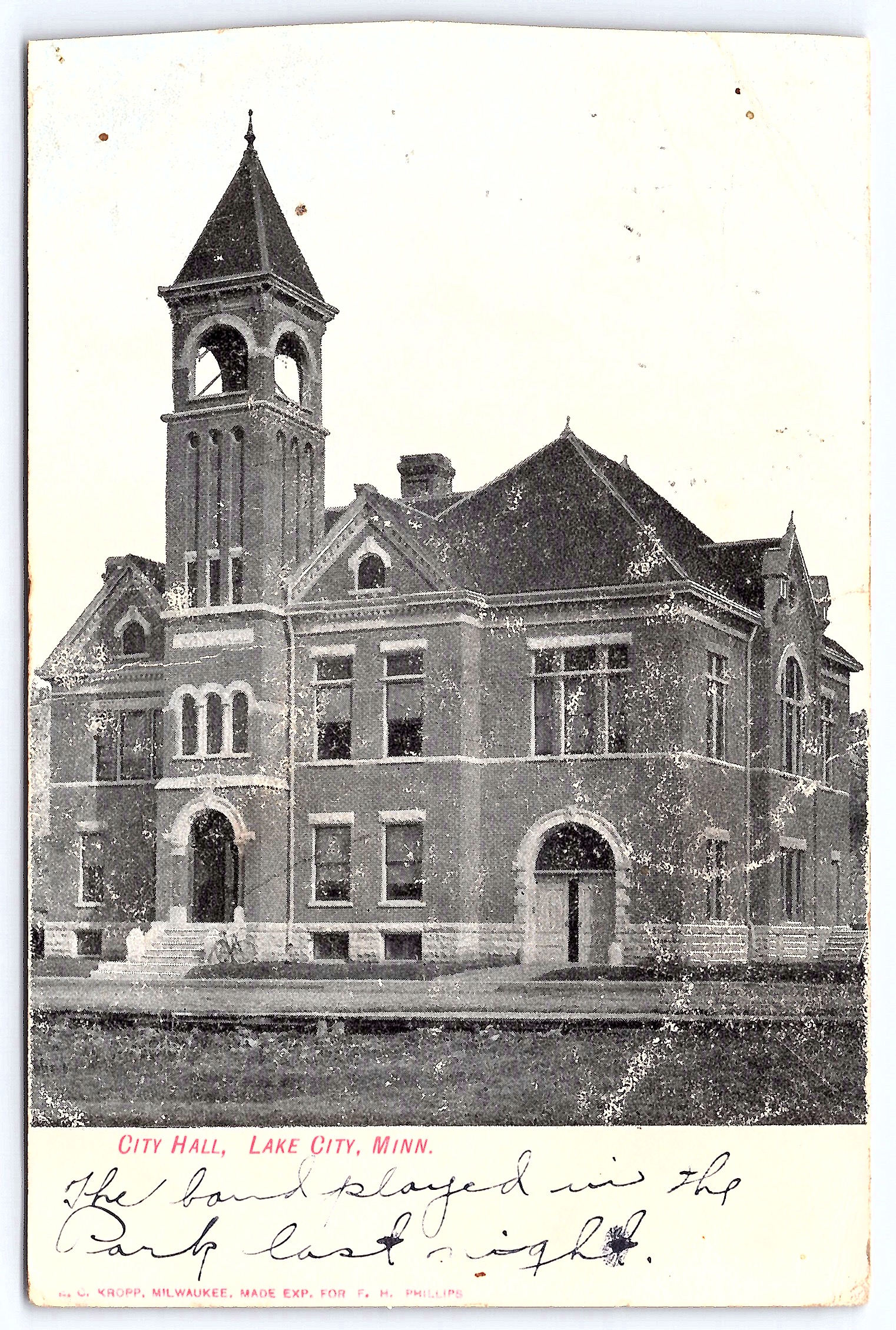 Kropp, Divided Back, City Hall, Lake City, Minn., 1907 Postmark - Front