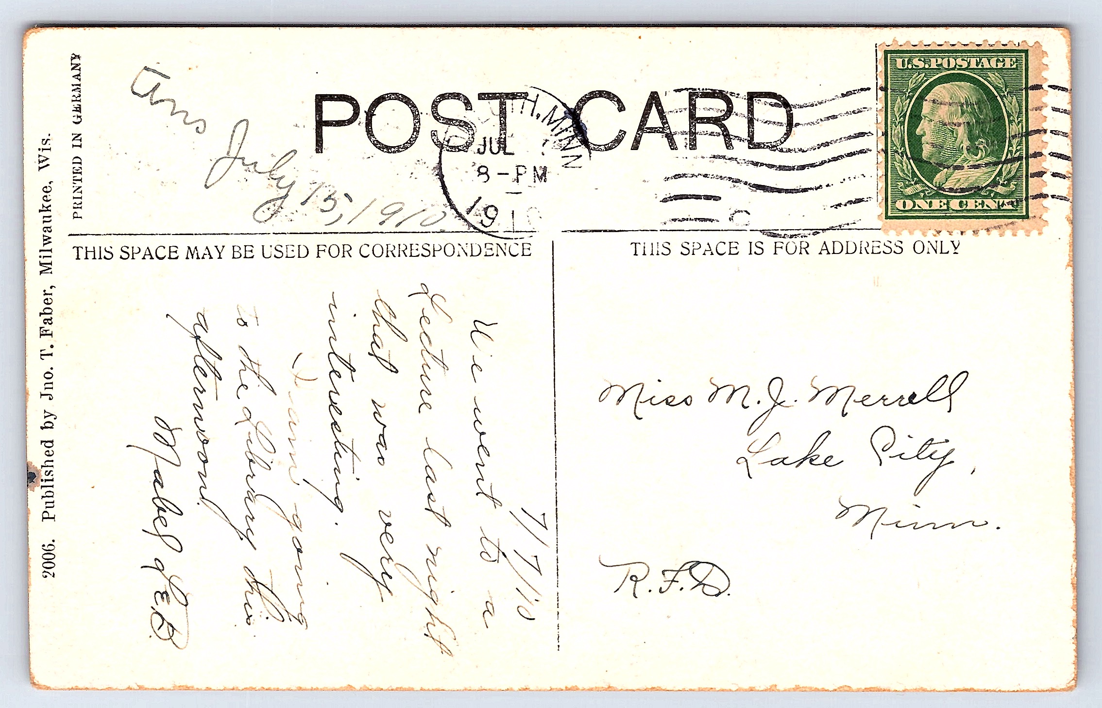 Jno. T. Faber, Divided Back Postcard, Cascade Park, Duluth, 1910 - Back
