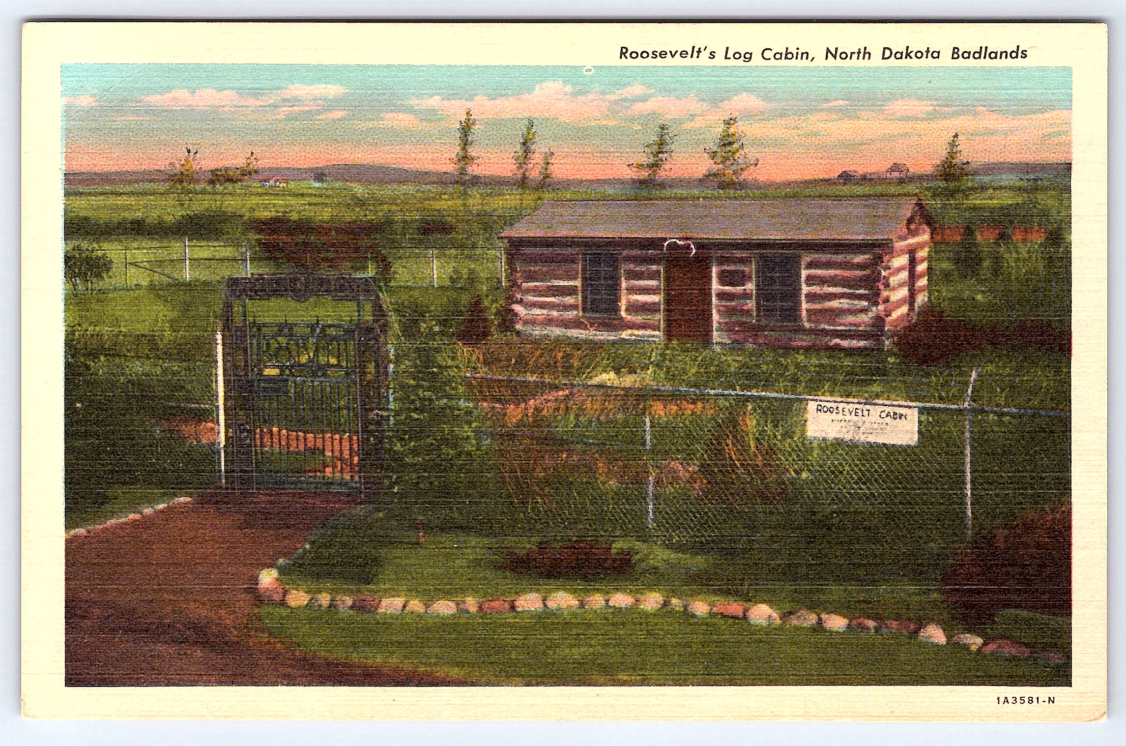 Roosevelt's Log Cabin, Linen Postcard, North Dakota Badlands, 1930s - Front