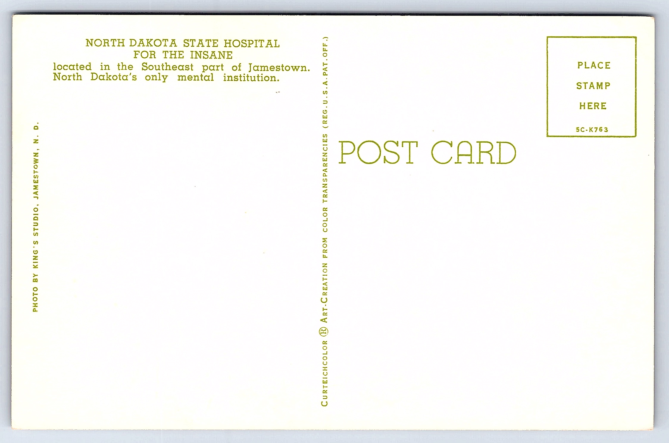 King's Studio Chrome Postcard, North Dakota State Hospital, Jamestown, 1960s - Back