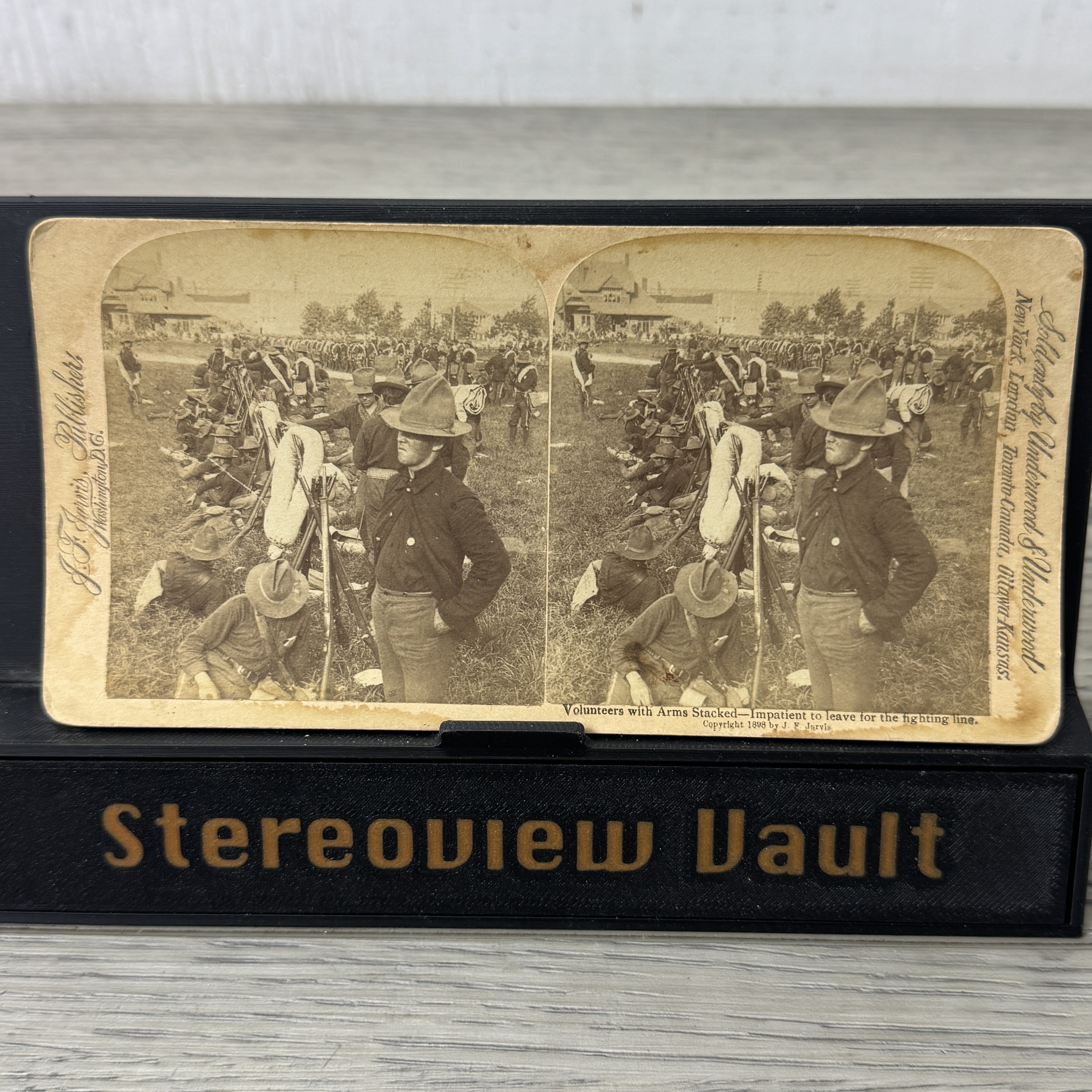 J.F. Jarvis Stereoview, Volunteers with Arms, c. 1898 - Front
