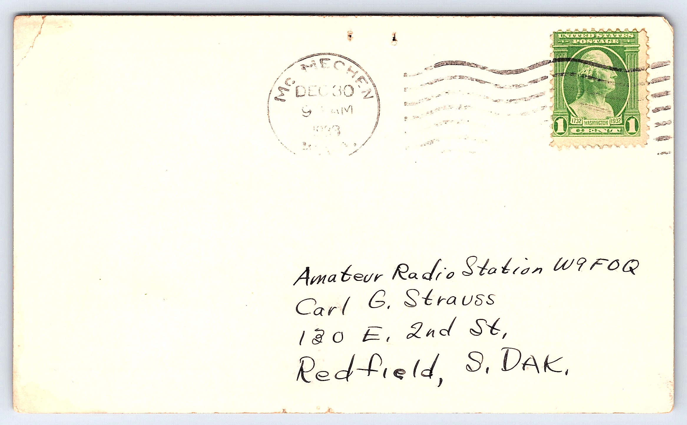 W9FOQ QSL Card, McMechen WV, 1933 Postmark, Amateur Radio Confirmation - Back