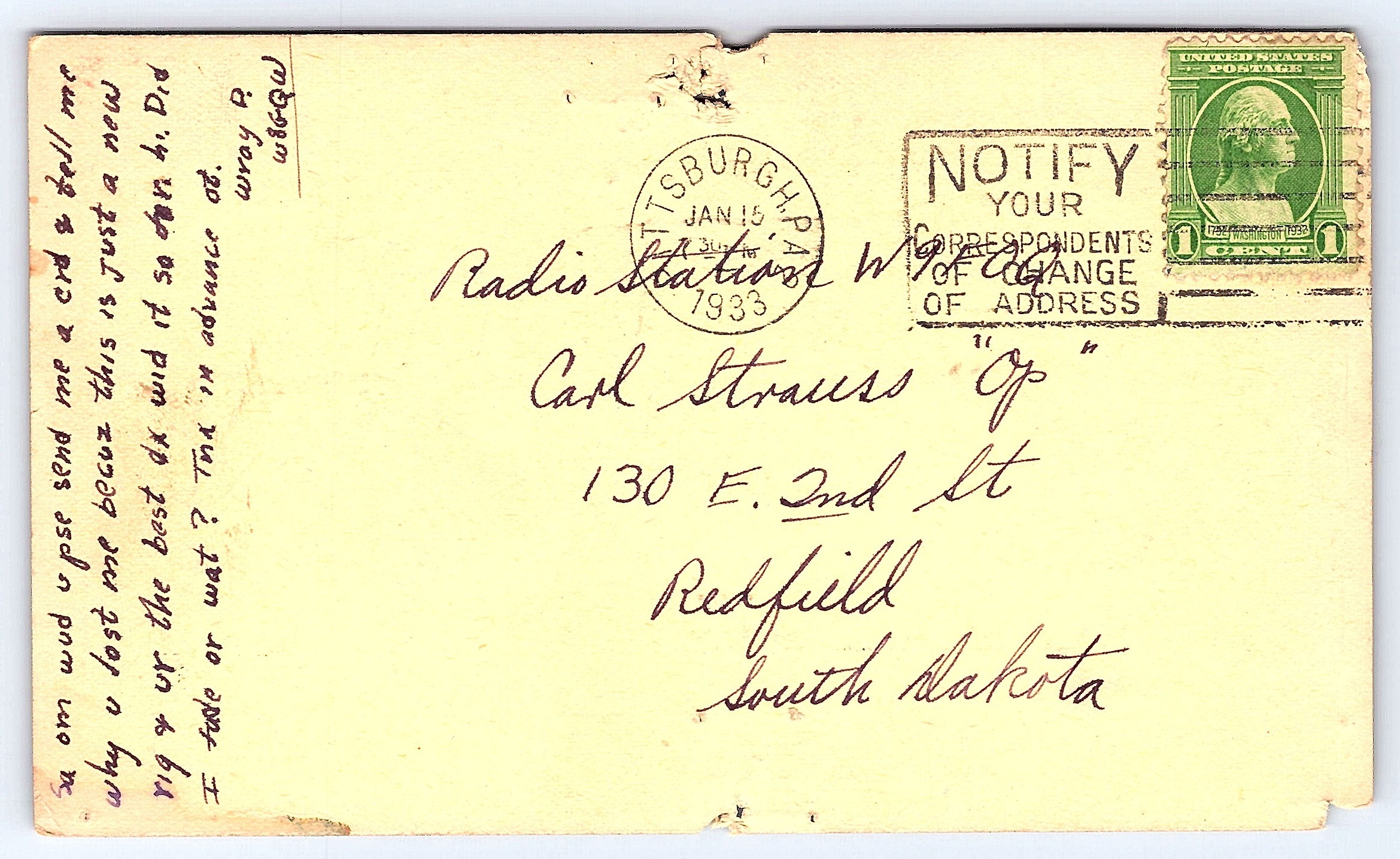 W8GQW QSL Card, Pittsburgh PA, 1933 Postmark - Back