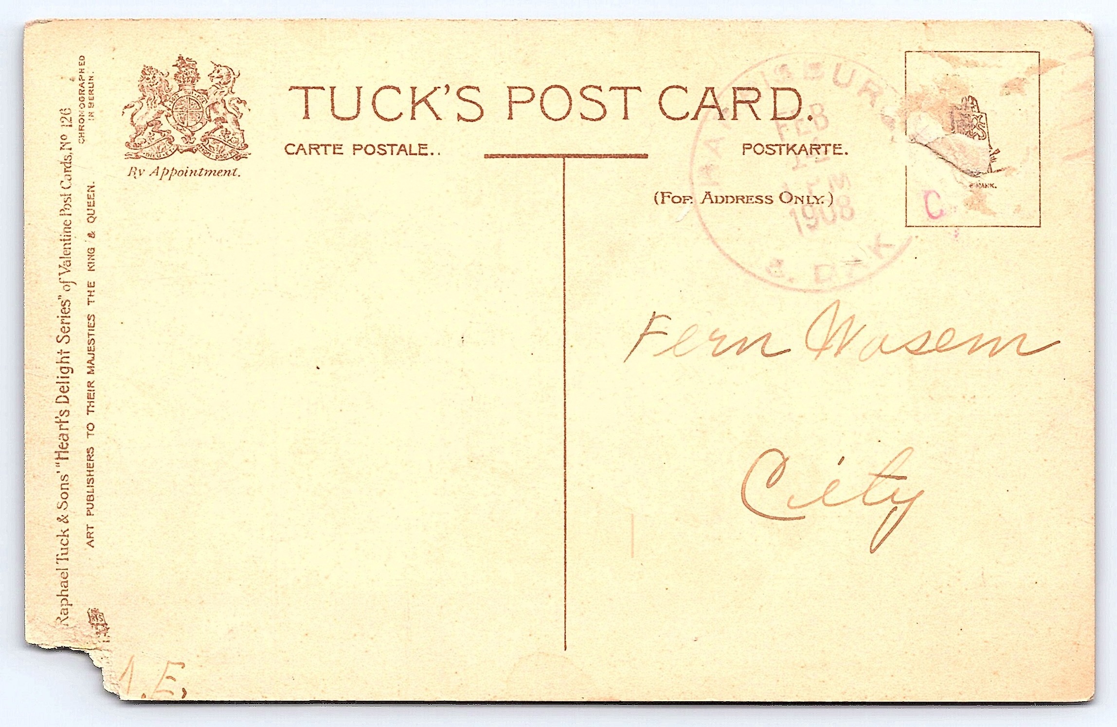 Tuck's Valentine's Postcard, Divided Back, 1908 - Back