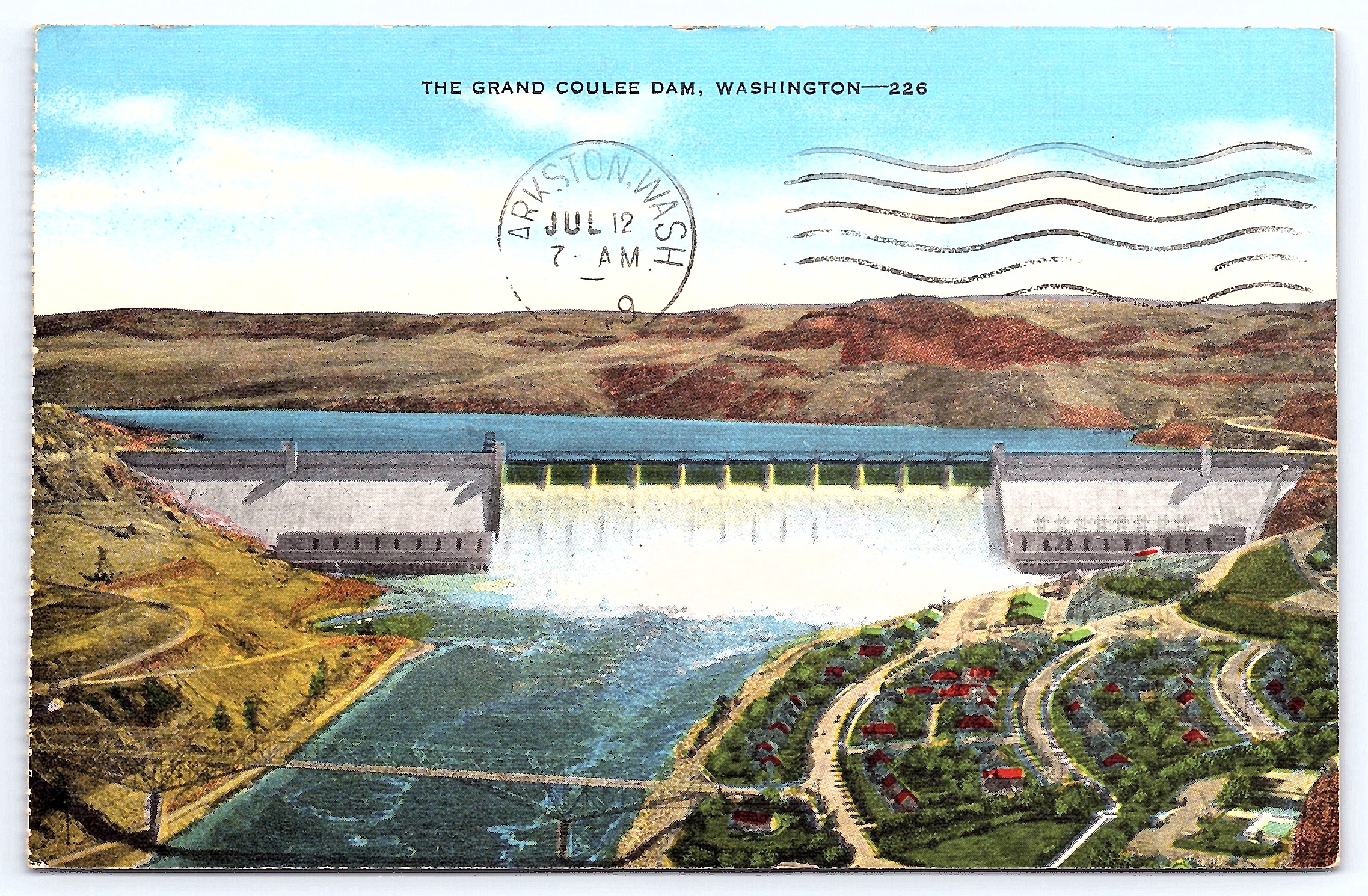 Western Souvenirs Linen Postcard, Grand Coulee Dam, WA, 1949 - Front