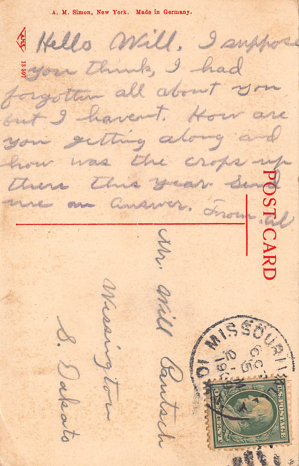 A.M. Simon, Divided Back Postcard, Erie Street, Missouri Valley, 1909 - Back