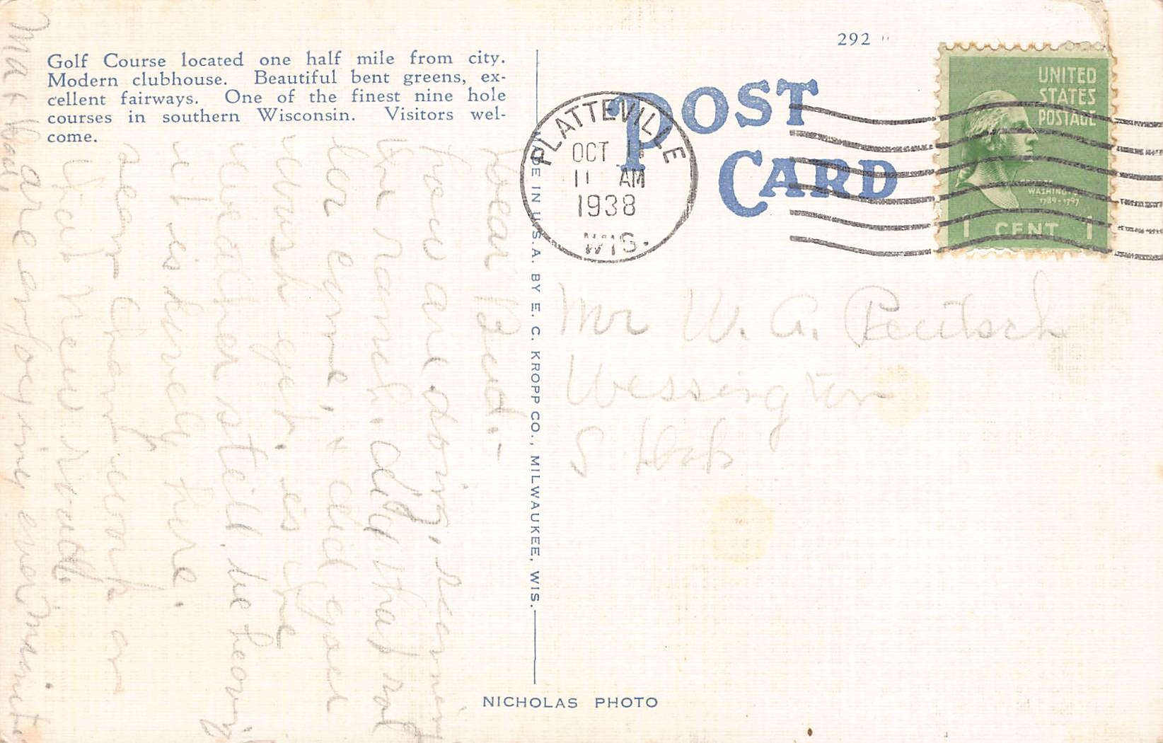 E.C. Kropp Co. Linen Postcard, Platteville Country Club, WI, 1938 - Back