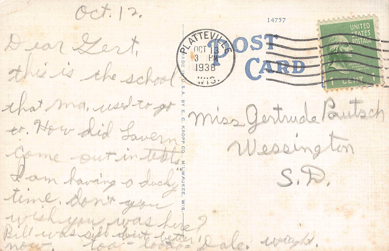 E.C. Kropp Co. Linen Postcard, Hanmer Robbins High School, Platteville, 1938 - Back