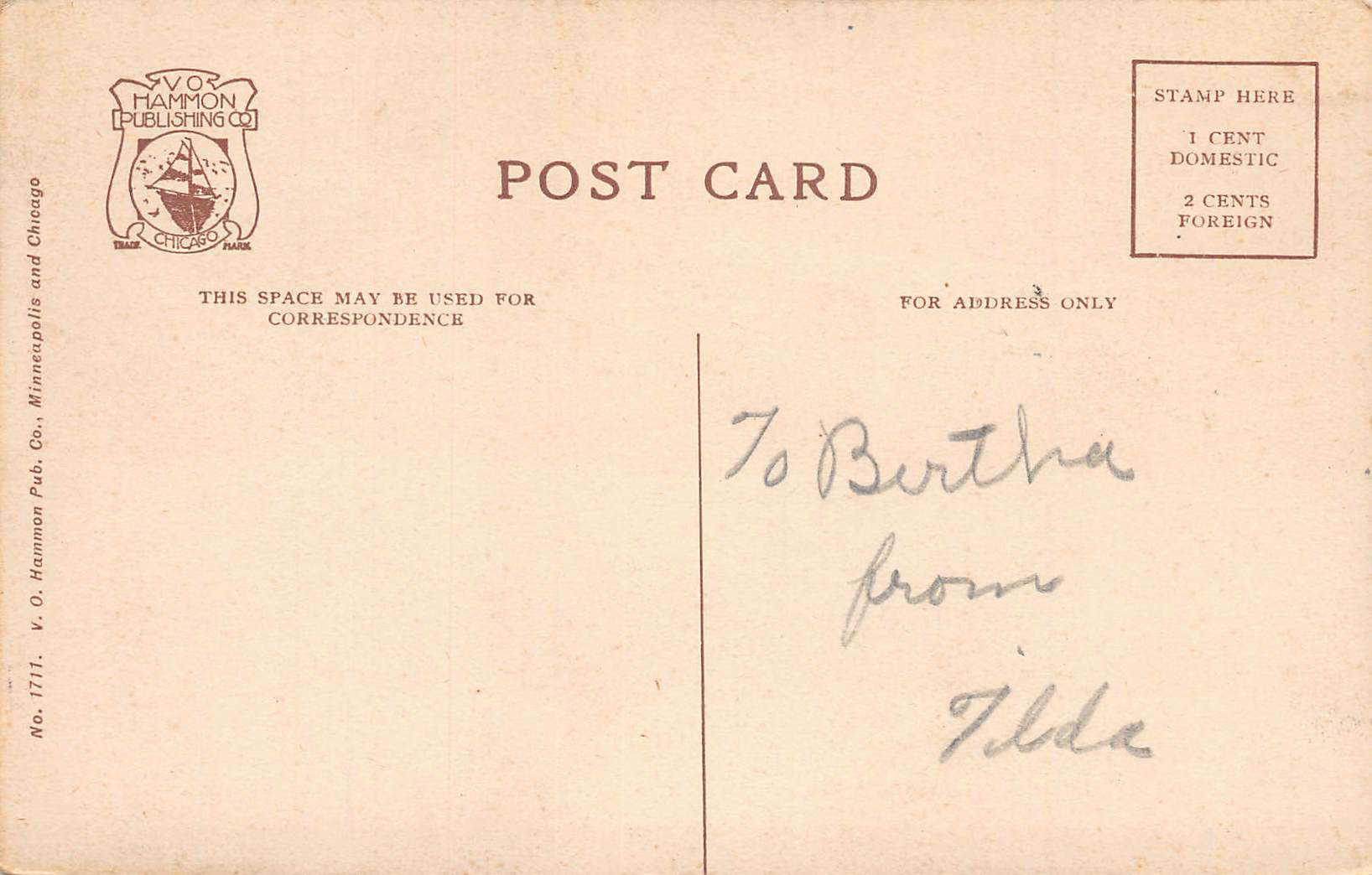 V.O. Hammon Co. Linen Postcard, St. Joseph Hospital, St. Paul, Minn. - Back