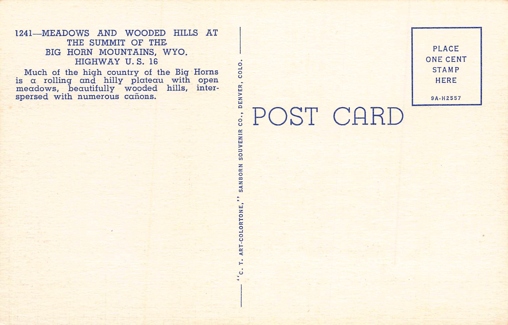 Sanborn Souvenir Co., Linen Postcard, Big Horn Mountains, WY, 1930s - Back