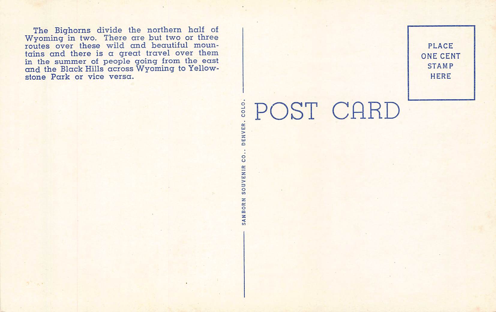 Sanborn Souvenir Co. Linen Postcard, Steamboat Rock, Wyoming, 1930s - Back