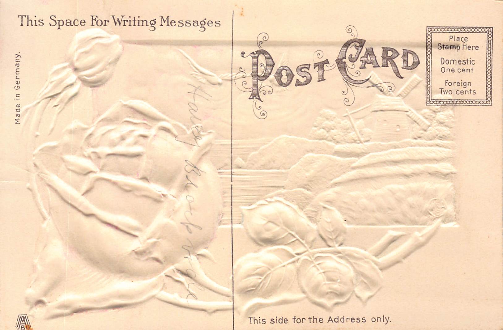 German Embossed Postcard, Windmill and Rose, Early 1900s - Back