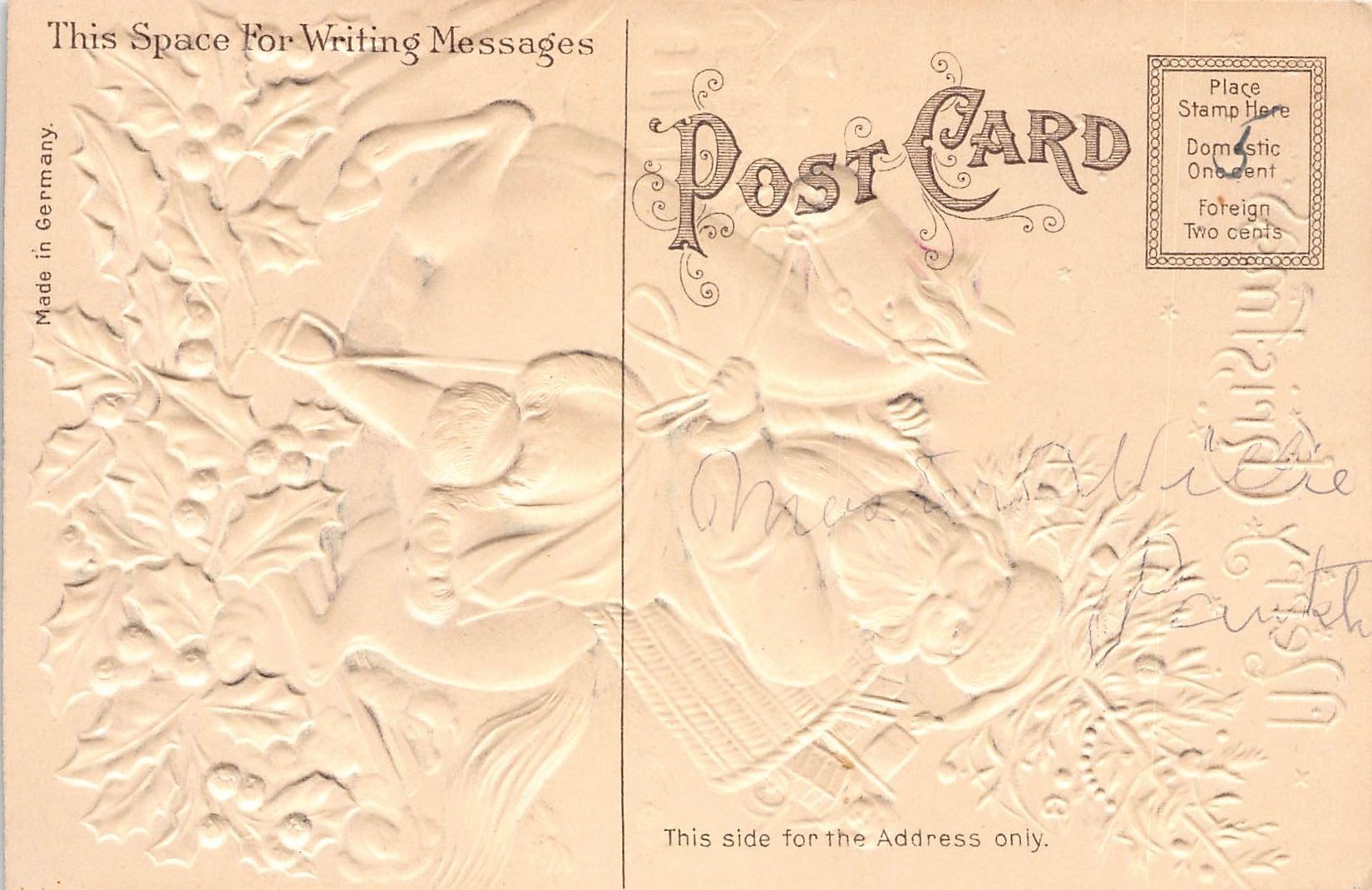 German Embossed Christmas Postcard, Santa on Horse, Early 1900s - Back