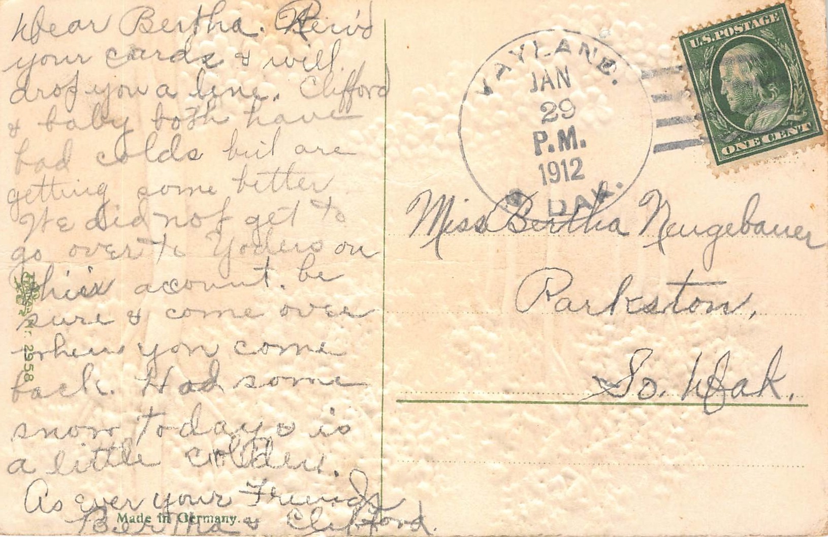 Made in Germany, Divided Back, Scenic Path, 1912 Postmark - Back