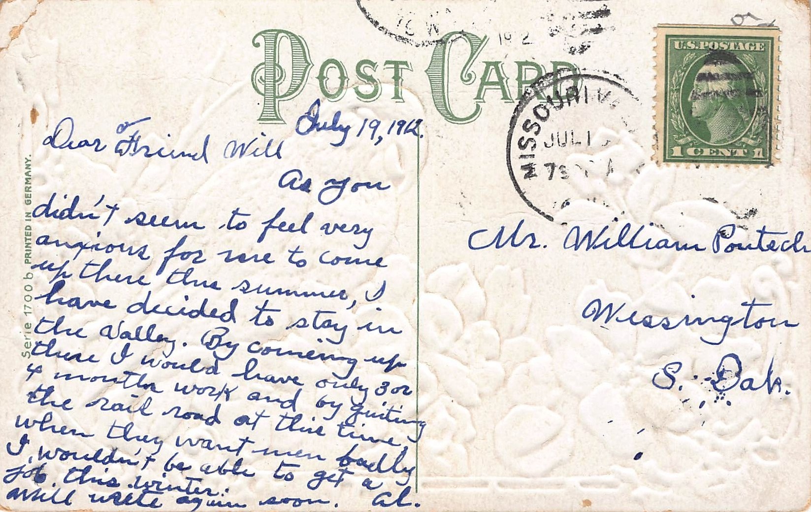 German Publisher, Embossed Linen Postcard, Parrot and Flowers, 1912 - Back