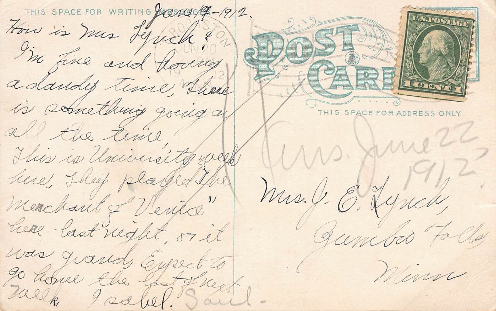 Broad Street, Mankato, Minn, Divided Back Postcard, 1912 - Back