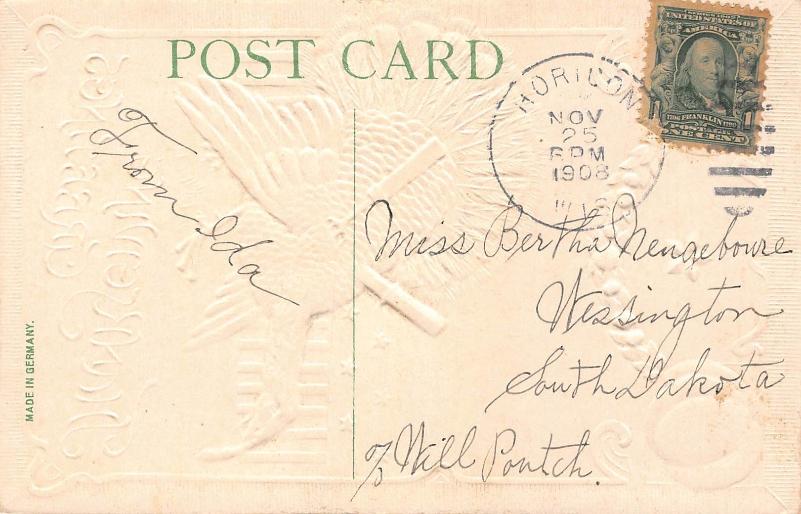 Embossed Fruit Bowl Postcard, Made in Germany, 1908 Postmark - Back
