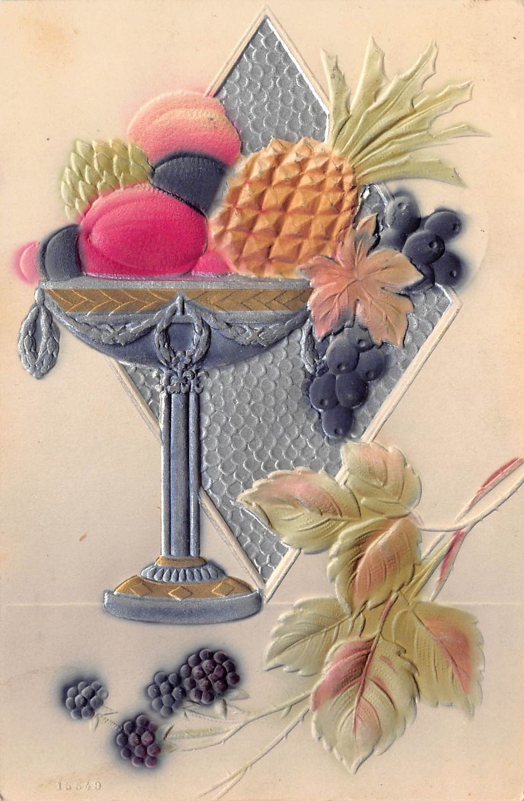 Embossed Fruit Bowl Postcard, Made in Germany, 1908 Postmark - Front
