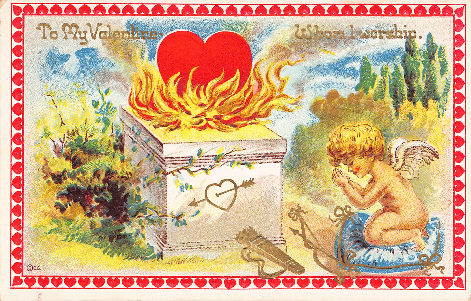 Valentine Postcard, Divided Back, Cupid and Heart, 1909 Postmark - Front