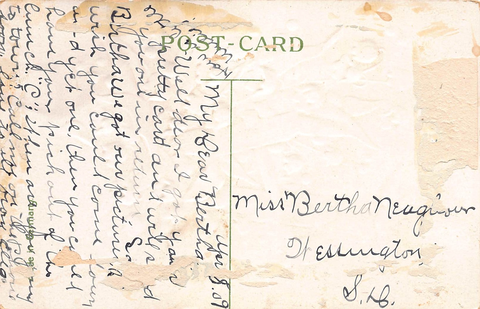 Christmas Postcard, Made in Germany, Divided Back, 1909 - Back