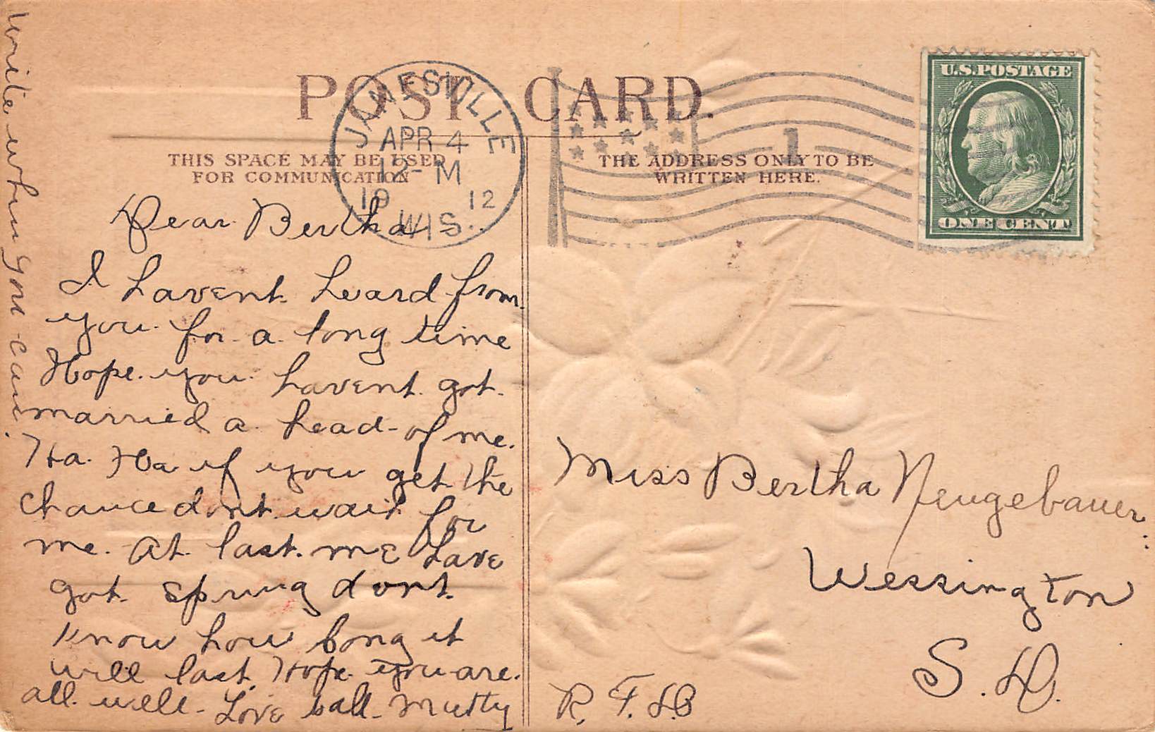 Embossed Best Wishes Postcard, Roses, Janesville WI, 1912 - Back