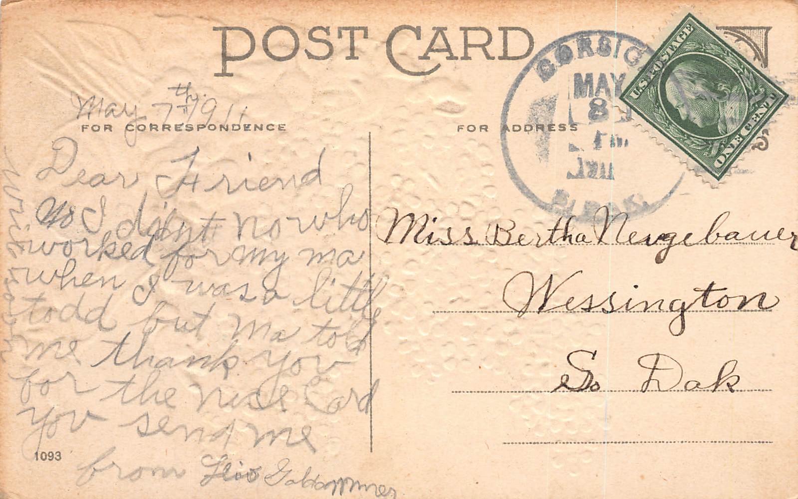 Embossed Christmas Postcard, Girl with Holly, 1911 Postmark, Corsica SD - Back