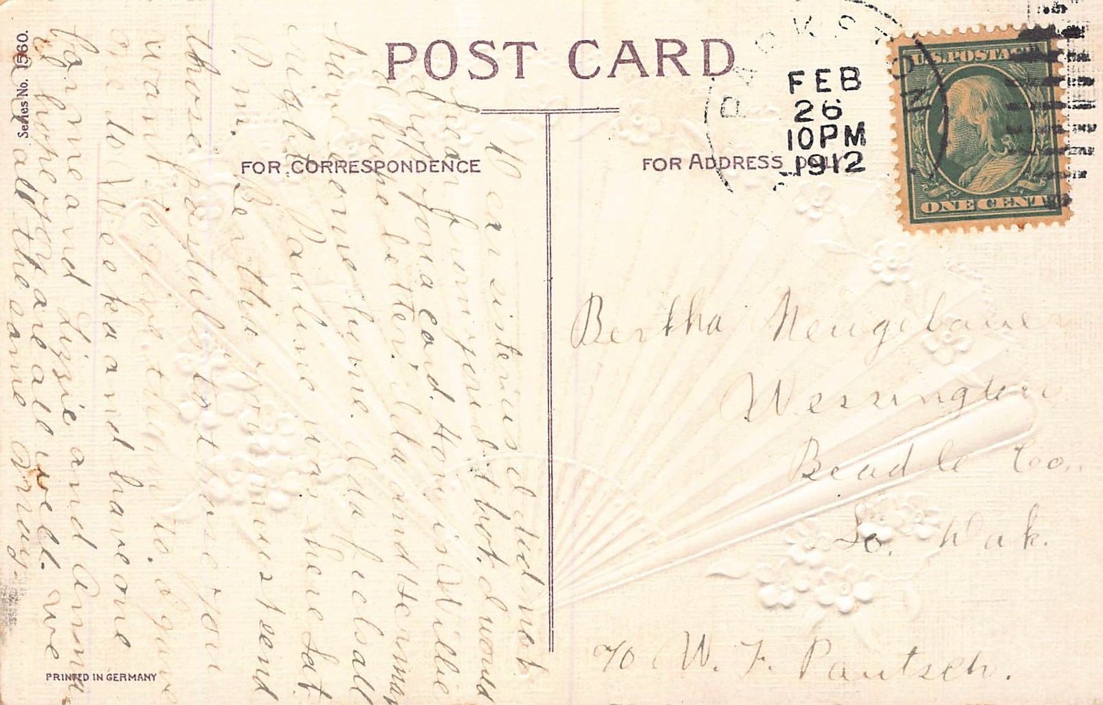 Printed in Germany, Divided Back Postcard, Floral Fan, 1912 Postmark - Back
