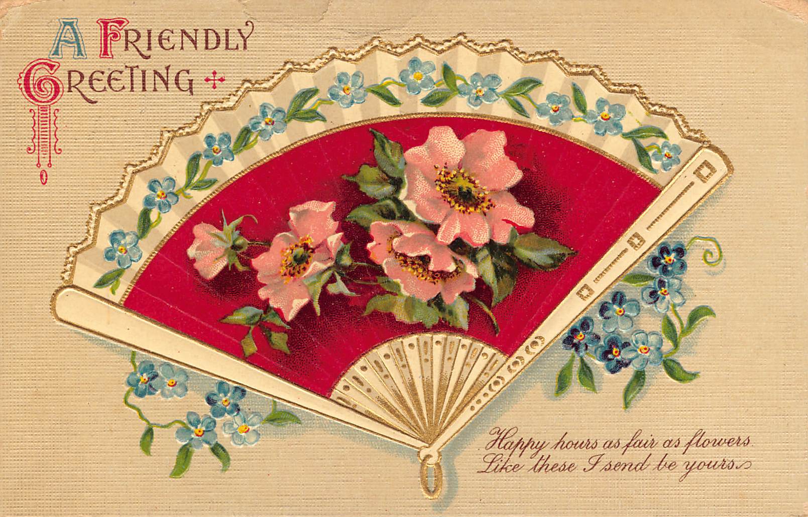 Printed in Germany, Divided Back Postcard, Floral Fan, 1912 Postmark - Front