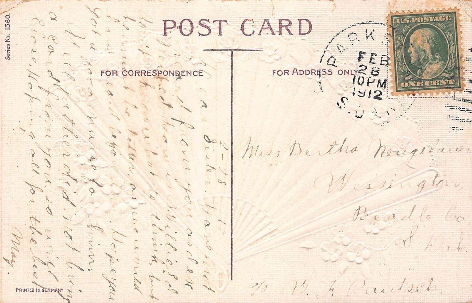 German Printed Divided Back Postcard, Birthday Wishes, 1912 - Back