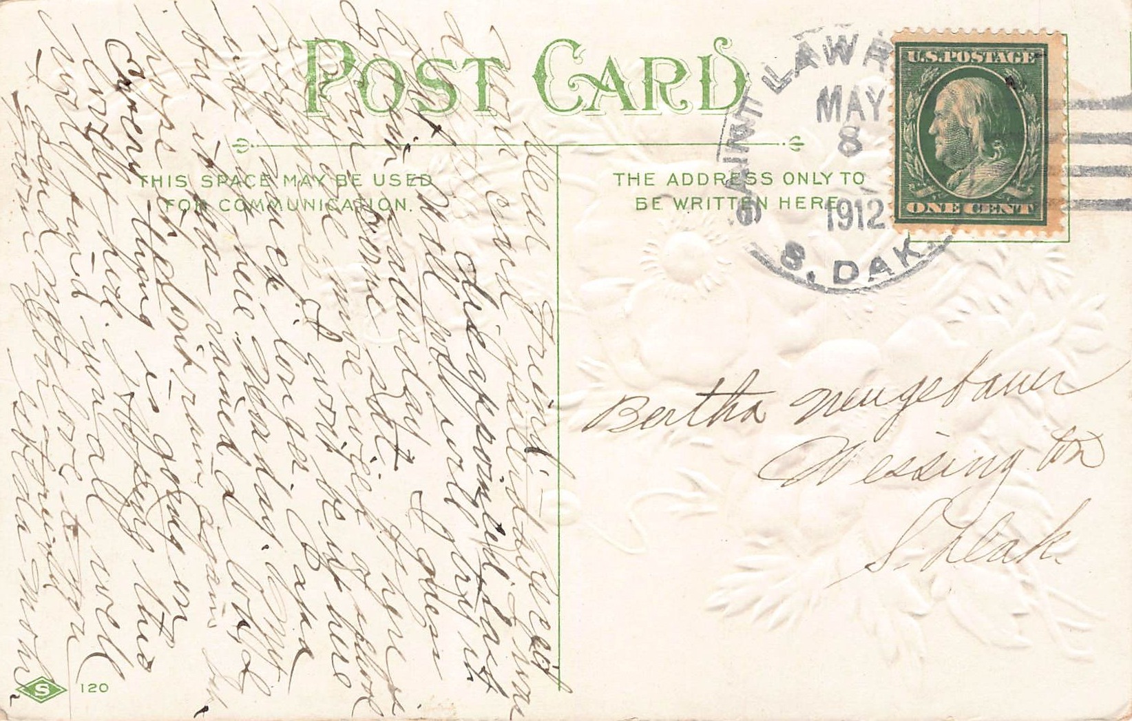 Early 1900s Embossed Motto Postcard, South Dakota, 1912 Postmark - Back
