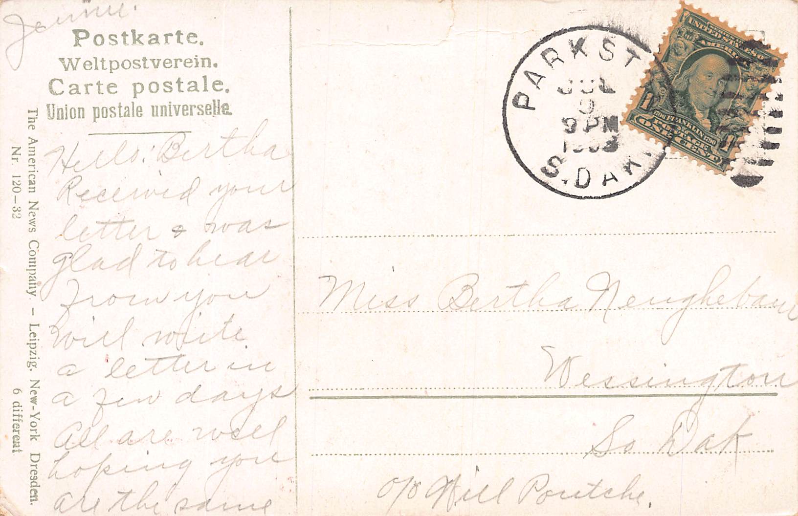 American News Co., Divided Back Postcard, Floral Scene, 1908 Postmark - Back