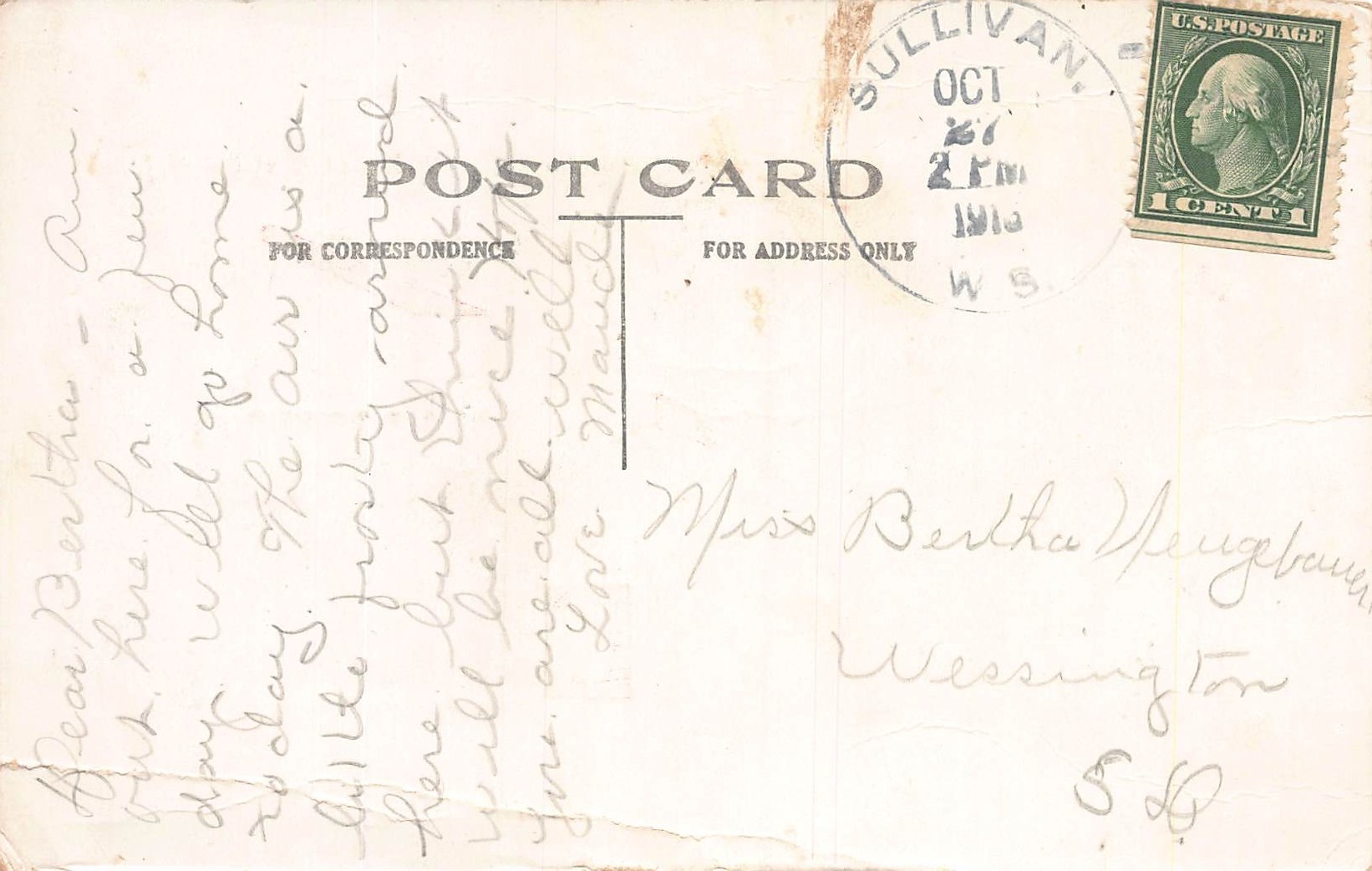 Sullivan Postcard, Divided Back, Cartoon Scene, 1910 Postmark - Back