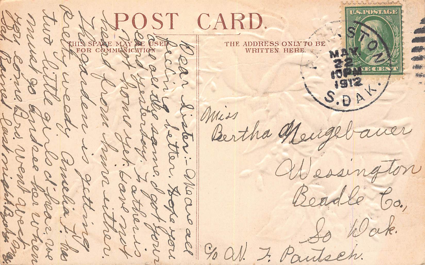 Birthday Greetings, Divided Back Postcard, 1912, South Dakota - Back