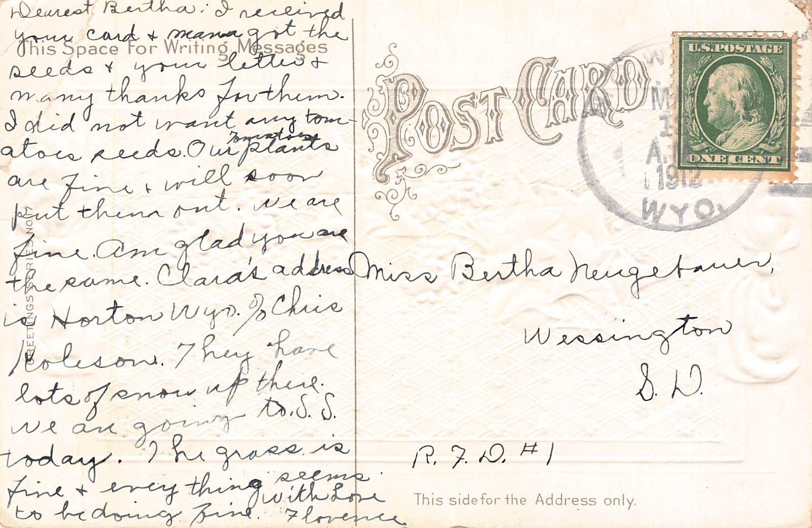 Tender Greetings Postcard, Divided Back, Wyoming to SD, 1910 - Back