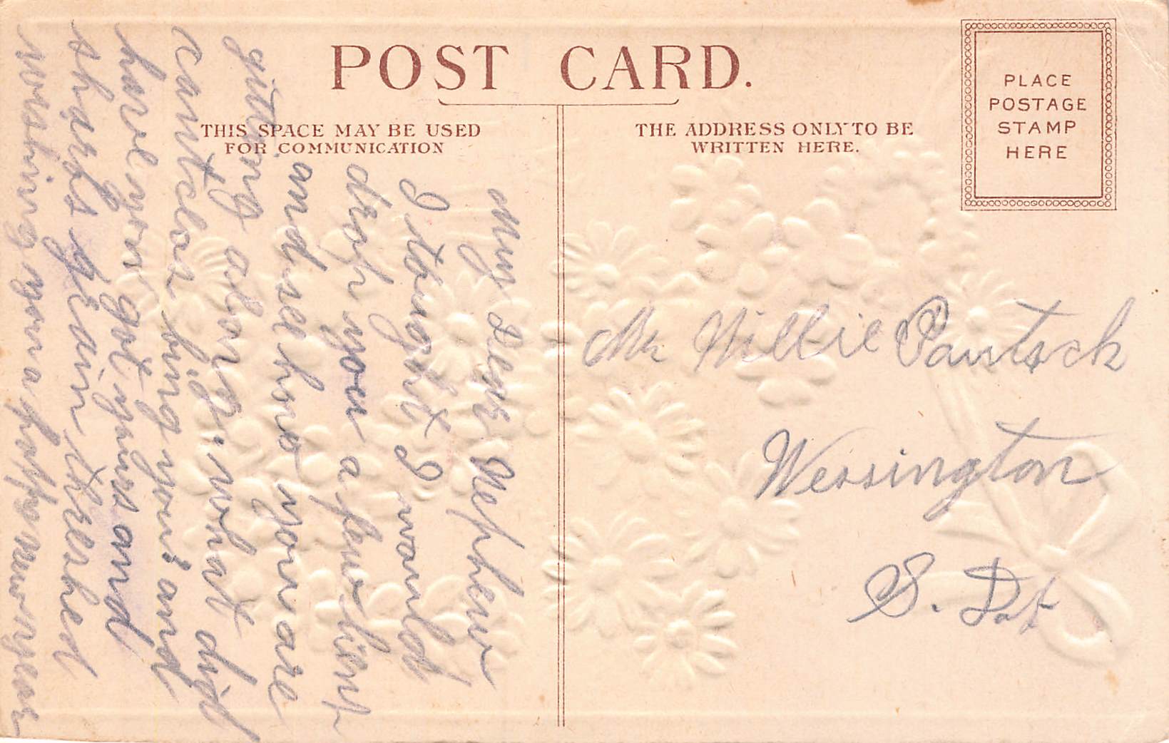 Embossed Floral Postcard, 'With My Love', Early 1900s - Back