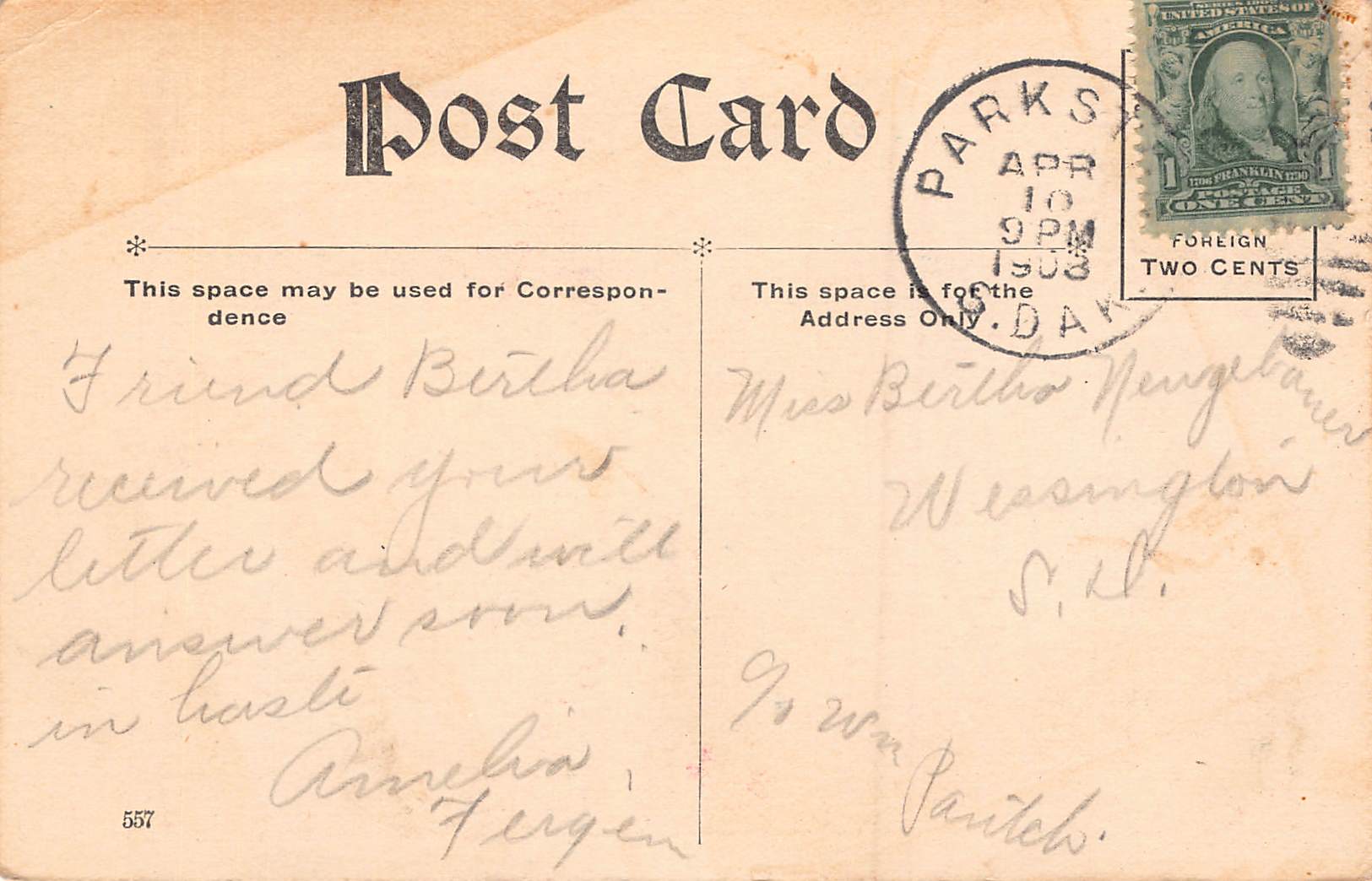 Ellen Clapsaddle, Divided Back Postcard, Woman Boating, Parks, SD 1908 - Back