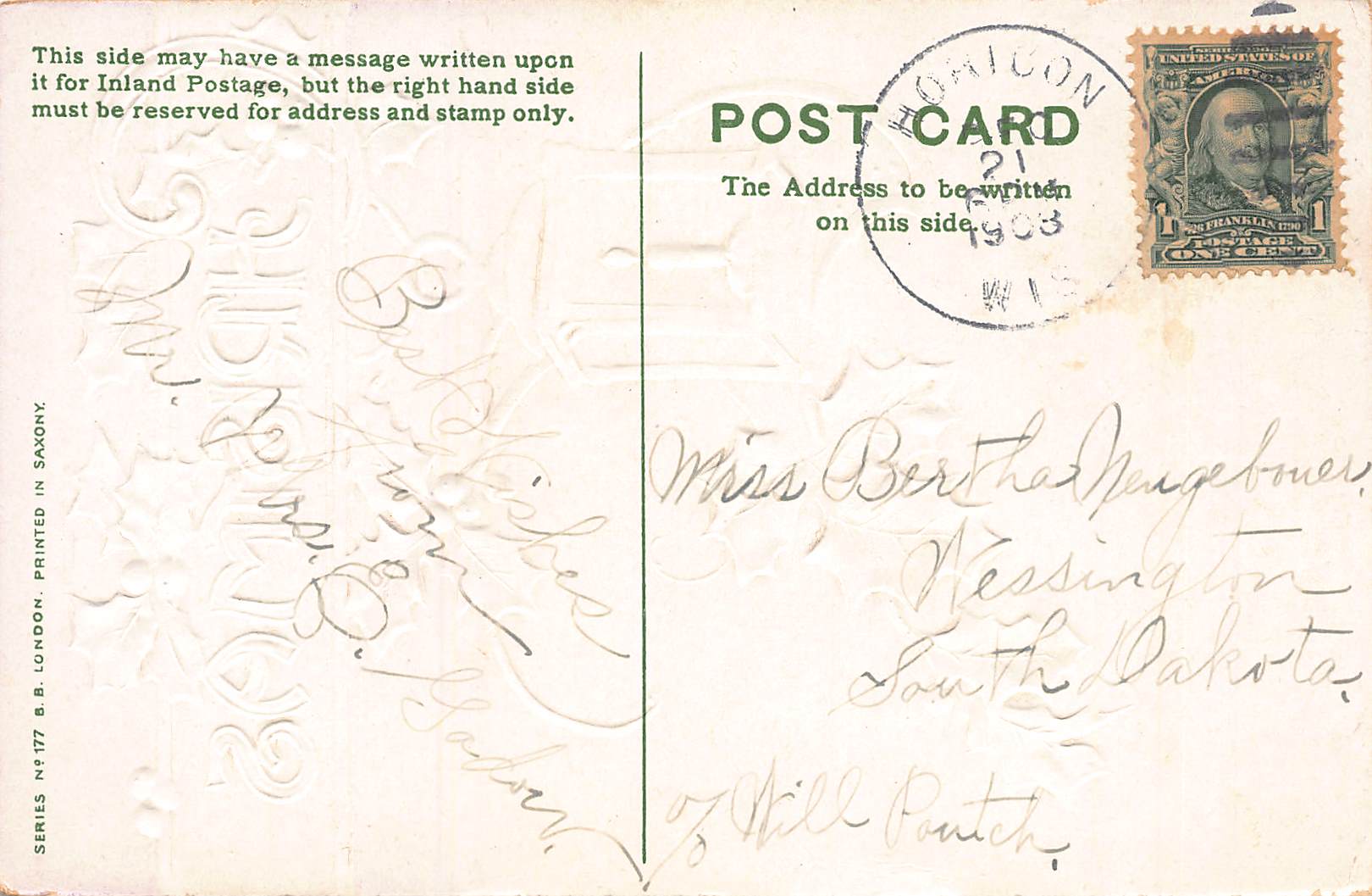 B.B. London, Divided Back Christmas Postcard, 1908, Wisconsin - Back