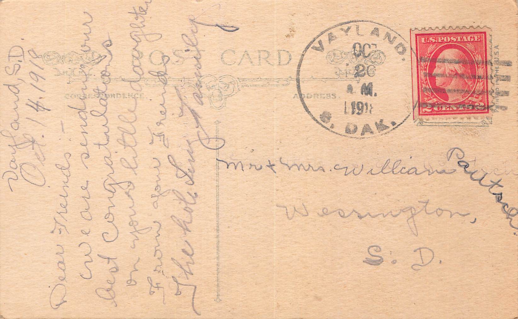 Heartiest Congratulations, Divided Back Postcard, South Dakota, 1911 - Back