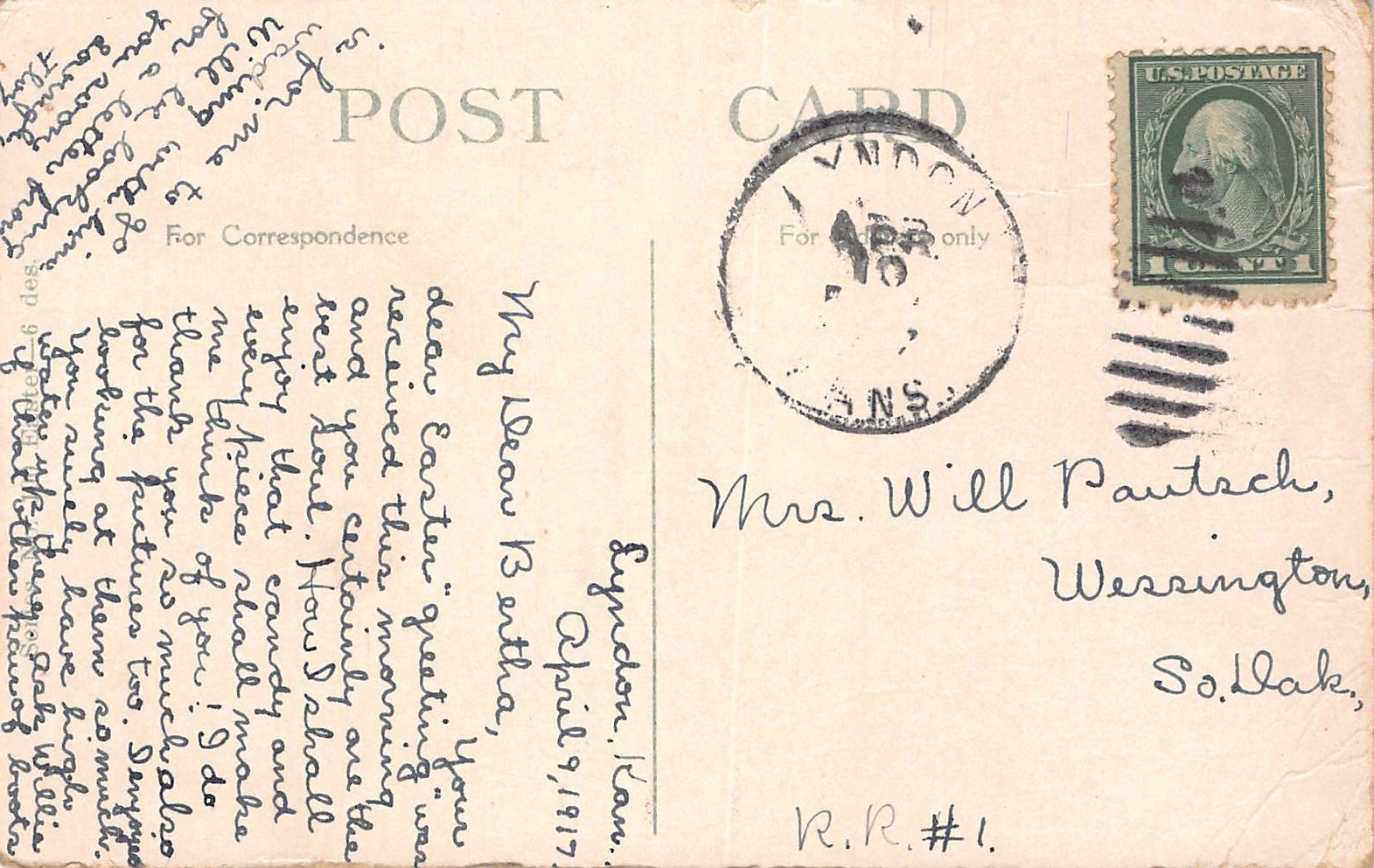 A Happy Easter, Divided Back Postcard, Bunnies and Eggs, 1917 Postmark - Back