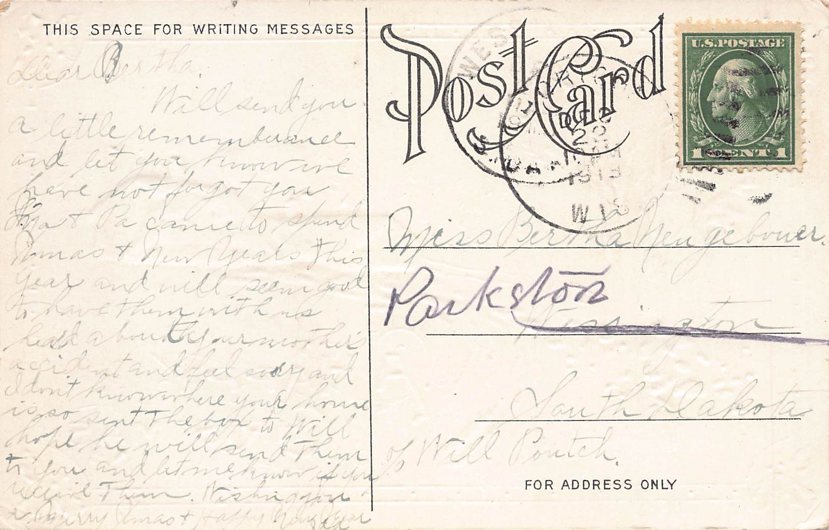 A Happy Christmas, Divided Back Postcard, Winter Scene, 1915 Postmark - Back