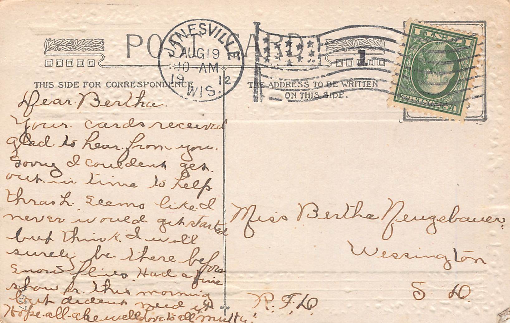 Dreaming of Days Gone By, Divided Back Postcard, 1912, Janesville WI - Back