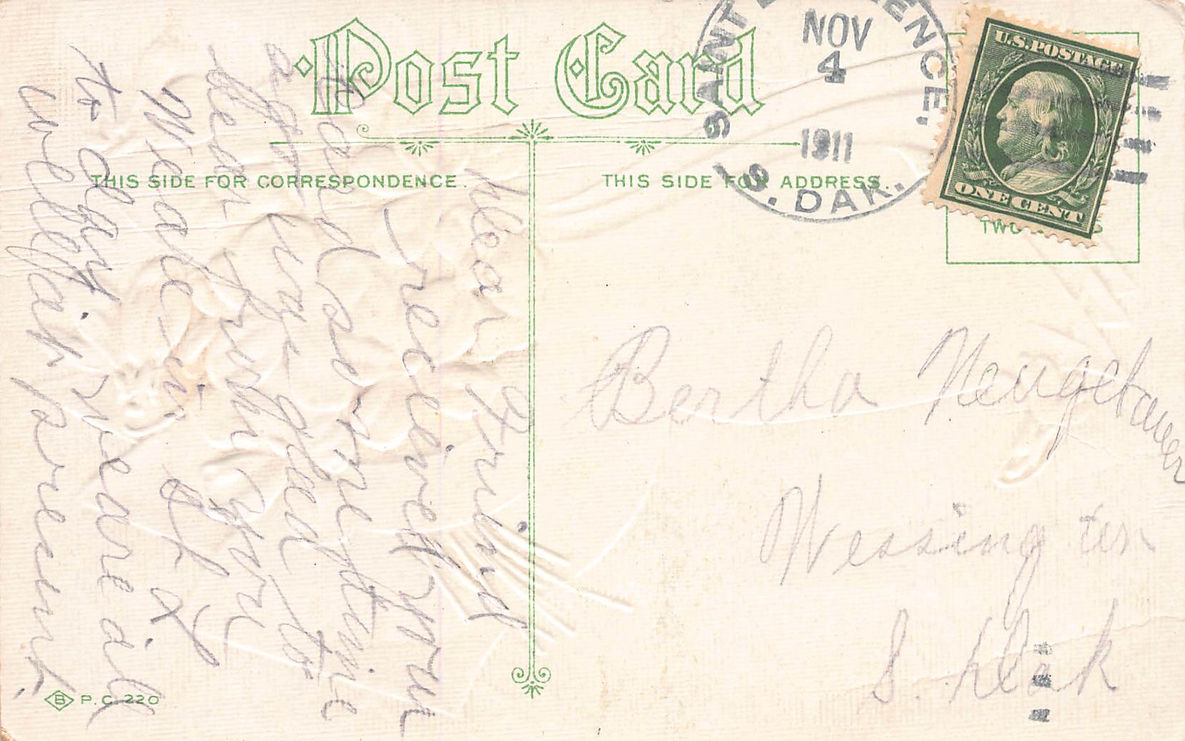 P.C. 220, Divided Back, Floral Greeting, 1911 Postmark - Back