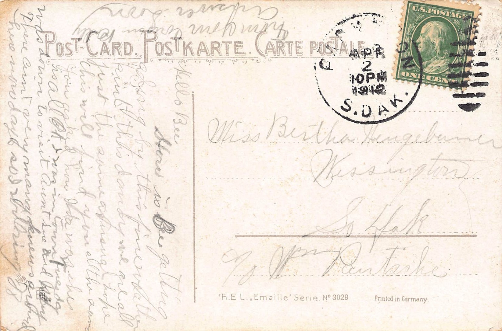 R.E.L. 'Emaille' Series, Divided Back, Winter Sledding Scene, 1912 - Back