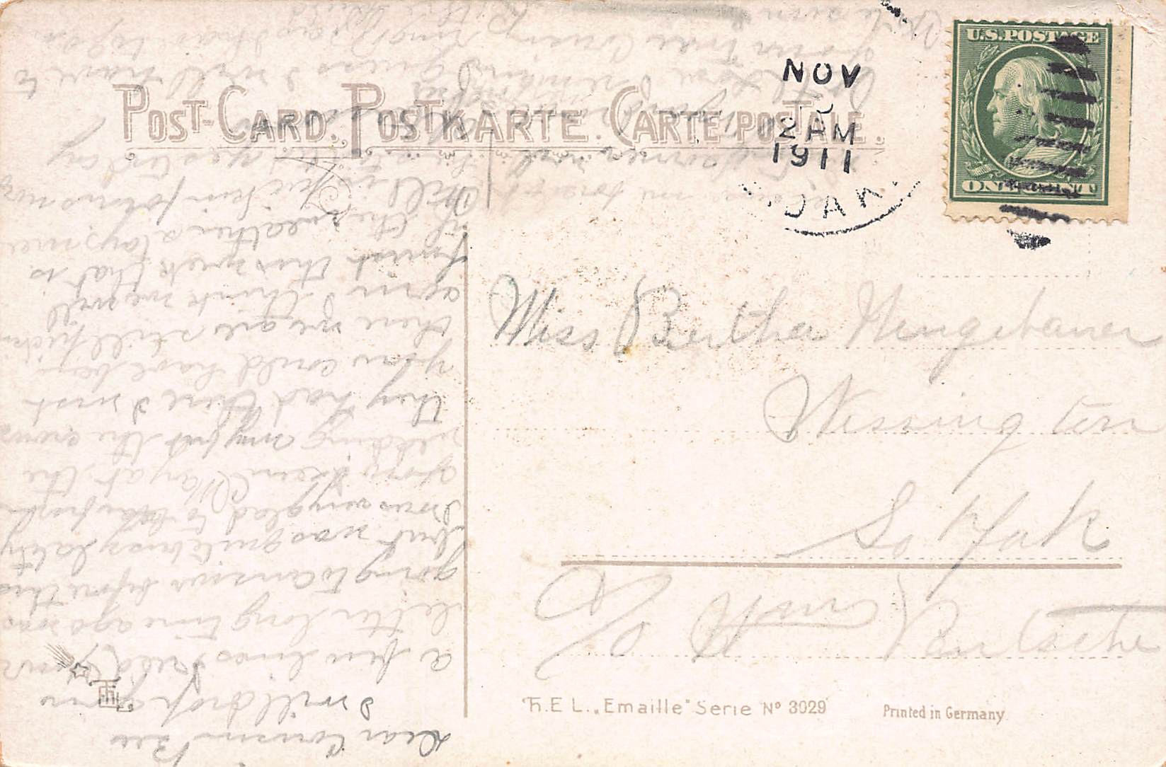 R.E.L. Emaille Series Postcard, Winter Scene, 1911 Postmark - Back