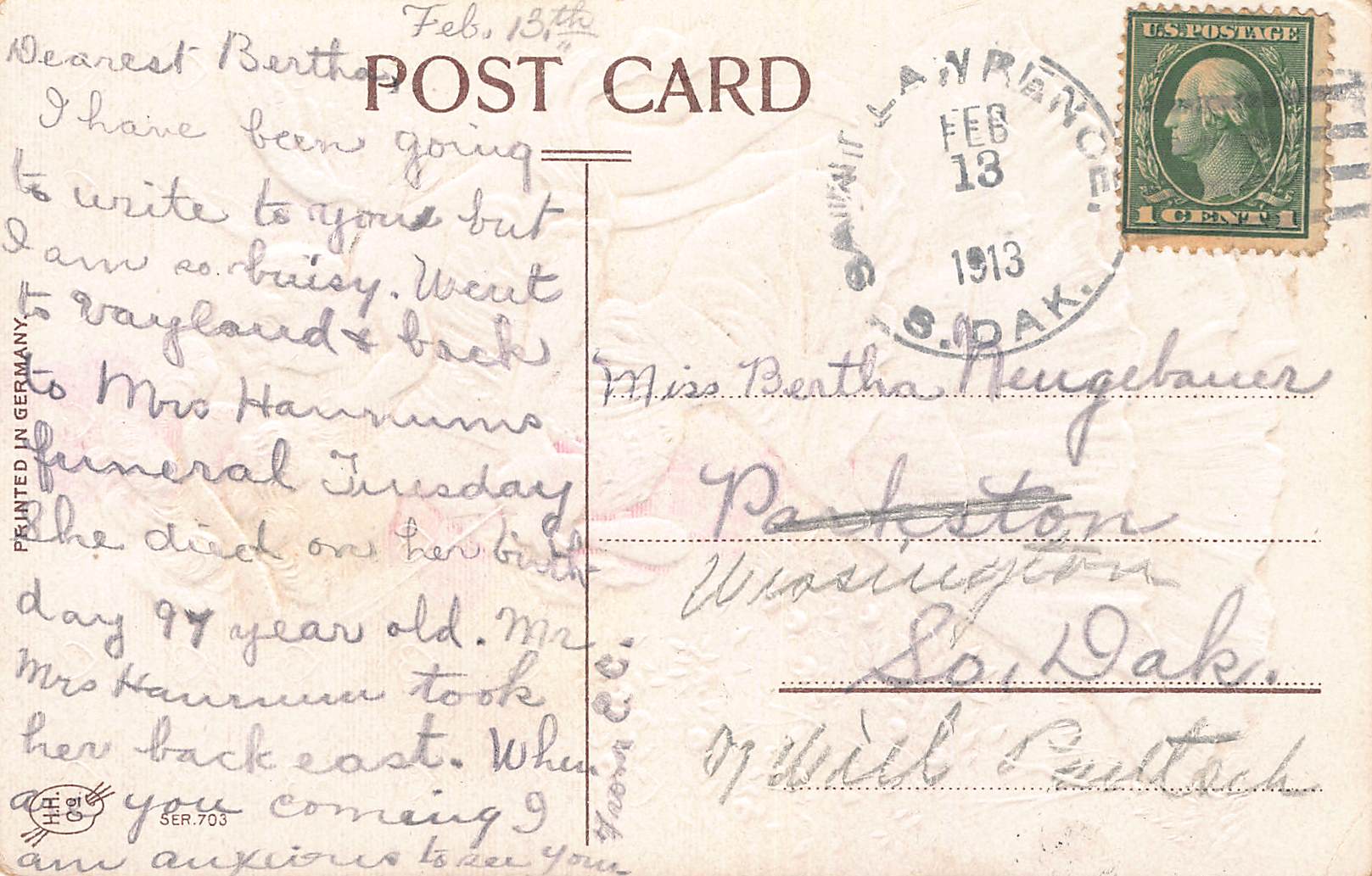 Printed in Germany, Divided Back Valentine Postcard, 1913 - Back